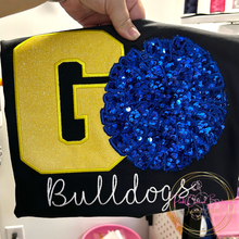Load image into Gallery viewer, Custom Glitter Letter & Sequin Pom Pom Spirit Tee