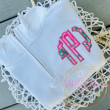 Load image into Gallery viewer, Monogram Circle Scalloped Quarter Zip Sweatshirt